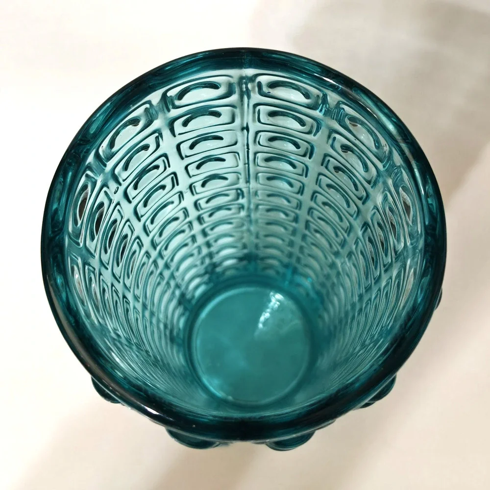MCM Sklo Union Art Glass Vase Turquoise Blue Geometric Czech Vintage 60s Hobnail